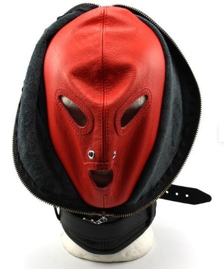Leder Kopfmaske RED mit Reißverschluss schwarz